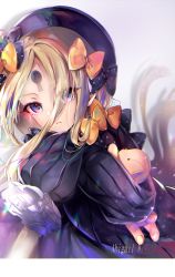 Rule 34 | 1girl, abigail williams (fate), black bow, black dress, black hat, blonde hair, blue eyes, blush, bow, breasts, character name, dress, fate/grand order, fate (series), forehead, hair bow, hane yuki, hat, highres, keyhole, long hair, long sleeves, looking at viewer, multiple hair bows, orange bow, parted bangs, polka dot, polka dot bow, ribbed dress, sleeves past fingers, sleeves past wrists, small breasts, solo, stuffed animal, stuffed toy, teddy bear