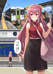 Rule 34 | 1girl, alternate costume, bag, black skirt, bow, commentary request, facing viewer, feet out of frame, hair bow, highres, ichikawa feesu, kamikaze (kancolle), kantai collection, long hair, multiple views, photo background, purple hair, red eyes, red shirt, shirt, sideways glance, skirt, sleeveless, sleeveless shirt, train station, translation request, turtleneck, yellow bow
