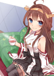 Rule 34 | 10s, 1girl, ahoge, bare shoulders, blue eyes, boots, breasts, brown hair, cup, detached sleeves, double bun, hair ornament, hairband, japanese clothes, kantai collection, kongou (kancolle), long hair, nontraditional miko, personification, skirt, smile, solo, teacup, thigh boots, thighhighs, yayoi (egoistic realism)