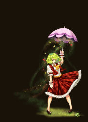 Rule 34 | 1girl, absurdres, arm at side, arm up, ascot, black background, collared shirt, dated, dress shirt, flower, forth (forthtin), frilled skirt, frills, full body, green eyes, green hair, highres, holding, kazami yuuka, legs apart, light particles, mary janes, parasol, petals, pigeon-toed, plaid, plaid skirt, plaid vest, puffy short sleeves, puffy sleeves, red skirt, red vest, shirt, shoes, short hair, short sleeves, signature, simple background, skirt, skirt set, solo, standing, touhou, umbrella, vest, white shirt, wing collar, wrist cuffs, yellow ascot