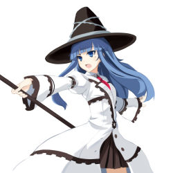Rule 34 | 10s, 1girl, blue eyes, blue hair, coat, hat, highres, hime cut, long hair, long sleeves, mages., mages. (choujigen game neptune), matching hair/eyes, mole, mole under eye, neptune (series), open mouth, pleated skirt, puffy long sleeves, puffy sleeves, sai (bankoru), skirt, solo, staff, witch hat