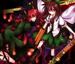 Rule 34 | 2girls, animal ears, arm cannon, brooch, brown hair, cat ears, cat girl, dress, female focus, fire, gem, green dress, green skirt, ibara riato, jewelry, kaenbyou rin, long hair, looking at viewer, multiple girls, puffy short sleeves, puffy sleeves, red eyes, red hair, reiuji utsuho, shirt, short sleeves, skirt, third eye, touhou, twintails, very long hair, weapon, white shirt