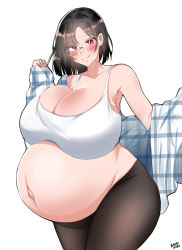 Rule 34 | 1girl, absurdres, artist name, bare shoulders, bayoshii, big belly, black hair, blush, breasts, camisole, cleavage, collarbone, cowboy shot, crop top, curvy, glasses, highres, huge breasts, looking at viewer, medium hair, navel, original, outie navel, pants, pregnant, red eyes, shirt, unworn shirt, sidelocks, signature, skindentation, smile, solo, standing, thick thighs, thighs, white background, wide hips, yoga pants
