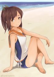Rule 34 | 10s, 1girl, barefoot, beach, blush, brown eyes, brown hair, from side, i-401 (kancolle), kantai collection, looking at viewer, one-piece swimsuit, ponytail, sailor collar, school swimsuit, school uniform, short hair, short ponytail, sitting, sketch, smile, solo, swimsuit, swimsuit under clothes, tan, wa (genryusui)