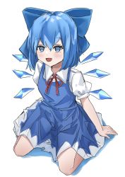 Rule 34 | 1girl, :d, blue bow, blue dress, blue eyes, blue hair, bow, cirno, dress, full body, hair bow, highres, ice, ice wings, looking at viewer, open mouth, pinafore dress, ramiki, seiza, shirt, short hair, simple background, sitting, sleeveless dress, smile, solo, touhou, white background, white shirt, wings