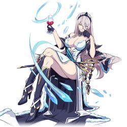 Rule 34 | 1girl, bare legs, bare shoulders, black tiara, boots, breasts, choker, cleavage, cup, drink, drinking glass, ekaterina (honkai impact), full body, gloves, grey hair, high heel boots, high heels, holding, holding cup, holding drink, honkai (series), honkai impact 3rd, ice, large breasts, long hair, official art, one eye closed, sheath, sheathed, sitting, smirk, sword, third-party source, tiara, transparent background, weapon, wine glass, yellow eyes