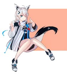 Rule 34 | 1girl, ahoge, animal ear fluff, animal ears, black dress, braid, commentary request, double finger gun, dress, earrings, extra ears, finger gun, fox ears, fox girl, fox tail, green eyes, hair between eyes, hair ornament, hairclip, highres, hololive, jacket, jewelry, knees together feet apart, long hair, looking at viewer, one eye closed, open clothes, open jacket, orange background, pentagram, retrocreature, shirakami fubuki, shirakami fubuki (fubukitek), sidelocks, simple background, single braid, smile, solo, tail, thigh strap, virtual youtuber, white background, white footwear, white hair, white jacket