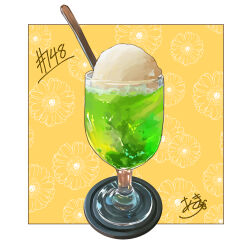 Rule 34 | absurdres, artist name, cup, drinking glass, food, food focus, highres, ice cream, ice cream float, melon soda, no humans, original, spoon, takisou sou
