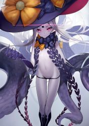 Rule 34 | 1girl, abigail williams (fate), abigail williams (third ascension) (fate), backlighting, bare shoulders, black bow, black headwear, black panties, bow, breasts, colored skin, duplicate, fate/grand order, fate (series), forehead, glowing, glowing eye, hat, highres, keyhole, long hair, mins (minevi), multiple bows, navel, orange bow, panties, parted bangs, red eyes, small breasts, tentacles, thighs, third eye, underwear, white hair, white skin, witch hat