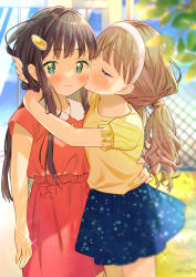 Rule 34 | 2girls, black hair, blurry, blush, brown hair, dress, closed eyes, green eyes, hair ornament, hairband, hairclip, hand in another&#039;s hair, hand on another&#039;s waist, kiss, kissing cheek, long hair, low twintails, miniskirt, multiple girls, original, outdoors, red dress, skirt, sweatdrop, tachi (gutsutoma), twintails, yuri