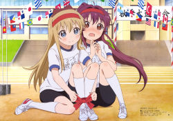 Rule 34 | &gt;:), 2girls, absurdres, ahoge, argentinian flag, bike shorts, blonde hair, blue eyes, blush, bow, brown eyes, building, copyright name, d:, flag, flags of all nations, greek flag, gym uniform, hair bow, hair intakes, headband, highres, indian flag, japanese flag, kneehighs, knees up, laces, multiple girls, nishimura rie, nose blush, official art, on ground, open mouth, outdoors, own hands together, panama flag, ponytail, purple eyes, purple hair, red ribbon, ribbon, scan, shirt, shoes, short sleeves, side-by-side, sitting, sky, smile, sneakers, socks, sports festival, sportswear, string of flags, sugiura ayano, sunburst, t-shirt, three-legged race, toshinou kyouko, tsundere, turkish flag, union jack, v-shaped eyebrows, white footwear, white legwear, yuri, yuru yuri