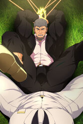 Rule 34 | 2boys, arms behind head, bara, beard, between pectorals, black suit, bound, bound wrists, bulge, bulge to ass, dry humping, facial hair, facial scar, feet out of frame, formal, from above, grey hair, highres, humping, kito (clamp5656), large pectorals, looking at viewer, male focus, mature male, multiple boys, muscular, muscular male, navel hair, necktie, necktie between pectorals, old, old man, original, pectorals, pink shirt, pov, pov crotch, scar, scar on cheek, scar on face, scar on forehead, shirt, short hair, sideburns, spread legs, suit, textless version, thick thighs, thighs, white suit, yaoi
