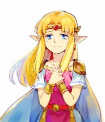 Rule 34 | 1girl, armor, bk-love, blonde hair, blue eyes, bracelet, cape, closed mouth, collarbone, crying, diadem, dress, earrings, female focus, hands on own chest, jewelry, long hair, looking at viewer, neck, nintendo, own hands together, pointy ears, princess zelda, sad, short-sleeved dress, short sleeves, shoulder armor, simple background, solo, tears, the legend of zelda, the legend of zelda: a link between worlds, tiara, triforce, triforce earrings, tunic, white cape, white dress, white hair, white tunic