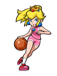 Rule 34 | absurdres, ball, basketball, blonde hair, blue eyes, crown, earrings, full body, highres, jewelry, mario (series), mario basketball 3on3, nintendo, official art, princess peach, running, shorts, simple background