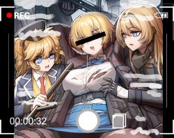 Rule 34 | 5girls, an-94 (girls&#039; frontline), ar-15, arms behind head, assault rifle, belt, black bra, black gloves, black jacket, black legwear, black panties, blonde hair, blue belt, blue eyes, blue jacket, blue neckwear, blue skirt, bound, bound wrists, bra, bra peek, breast envy, breasts, buckle, cheogtanbyeong, collared shirt, commentary, cowboy shot, fur-trimmed jacket, fur trim, girls&#039; frontline, gloves, gun, hair between eyes, hair ornament, hair ribbon, hat, holding, holding gun, holding weapon, jacket, large breasts, long hair, long sleeves, looking at another, magazine (weapon), military, military uniform, mole, mole under eye, multiple girls, neck ribbon, necktie, open clothes, open jacket, open mouth, panties, panties under pantyhose, pantyhose, police hat, pouch, red necktie, ribbon, rifle, shirt, shirt tucked in, short hair, sidelocks, simple background, sitting, skirt, snap-fit buckle, snowflake hair ornament, st ar-15 (girls&#039; frontline), standing, super-shorty (girls&#039; frontline), sweater, teeth, thigh pouch, torn clothes, torn legwear, torn shirt, torn skirt, two side up, ump45 (girls&#039; frontline), underwear, uniform, upper teeth only, very long hair, viewfinder, vsk-94 (girls&#039; frontline), weapon, white shirt, yellow sweater