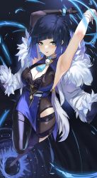 Rule 34 | 1girl, absurdres, armpits, arms behind head, arms up, asymmetrical gloves, bare shoulders, black hair, black pants, blue dress, blue hair, blush, bob cut, breasts, cleavage, cleavage cutout, clothing cutout, diagonal bangs, dice, dolri, dress, earrings, fur-trimmed jacket, fur trim, genshin impact, gloves, green eyes, highres, jacket, jacket on shoulders, jewelry, large breasts, long sleeves, looking at viewer, mismatched gloves, mole, mole on breast, multicolored hair, neck ring, pants, pelvic curtain, short hair, smile, solo, tassel, thighs, tight clothes, tight pants, two-tone hair, white jacket, yelan (genshin impact)