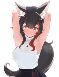 Rule 34 | 1girl, animal ear fluff, animal ears, armpits, arms behind head, arms up, black hair, black hat, black skirt, braid, breasts, closed mouth, commentary request, halter shirt, halterneck, hat, highres, hololive, kani bonara, large breasts, long hair, looking ahead, looking at viewer, multicolored hair, official alternate costume, ookami mio, ookami mio (street), orange eyes, red hair, shirt, shirt tucked in, side braid, simple background, single braid, skirt, sleeveless, sleeveless shirt, smile, solo, straight-on, streaked hair, sweat, two-tone hair, upper body, virtual youtuber, white background, white shirt, wolf ears