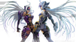 Rule 34 | 00s, 2girls, android, back, blue hair, breasts, cleavage, cleavage cutout, clothing cutout, cyborg, female focus, front, kos-mos, large breasts, long hair, multiple girls, standing, t-elos, tagme, very long hair, wallpaper, white hair, xenosaga