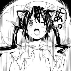 Rule 34 | 1girl, animal ears, blush, bra, cat ears, censored, greyscale, implied sex, k-on!, lingerie, lying, monochrome, nakano azusa, on back, one eye closed, open mouth, out-of-frame censoring, round teeth, sex, solo, spread legs, tears, teeth, twintails, underwear, wata, wince, wink