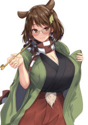 Rule 34 | 1girl, :3, animal ears, breasts, brown eyes, brown hair, checkered clothes, checkered scarf, cleavage, closed mouth, ebi 193, futatsuiwa mamizou, glasses, holding, holding smoking pipe, huge breasts, japanese clothes, kimono, looking at viewer, pince-nez, smoking pipe, raccoon ears, scarf, short hair, simple background, smile, solo, touhou, white background