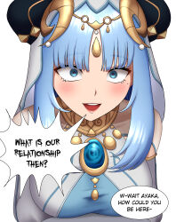 Rule 34 | 1girl, 1nilla&#039;, :d, absurdres, ayaka (genshin impact), blue eyes, blue hair, blush, breasts, brooch, commentary, cosplay, english commentary, fake horns, genshin impact, highres, horns, jewelry, large breasts, long hair, long sleeves, looking at viewer, mole, mole under eye, neck ring, nilou (genshin impact), nilou (genshin impact) (cosplay), open mouth, simple background, smile, solo, speech bubble, veil, white background