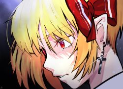 Rule 34 | 1girl, blonde hair, bow, cross, dark background, diffraction spikes, drop earrings, earrings, glint, hair between eyes, hair bow, highres, jewelry, latin cross, looking ahead, mikazato, parted lips, pointy ears, portrait, profile, red bow, red eyes, rumia, serious, short hair, simple background, solo, tears, touhou