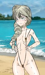 anger_vein beach bikini blonde_hair braid breasts girls_und_panzer green_eyes hair_bun hands_on_own_hips jajka_(girls_und_panzer) leopard_print_bikini makeup micro_bikini moesenyukikaze small_breasts swimsuit