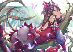 Rule 34 | 1girl, absurdres, ass, bare shoulders, breasts, brown hair, bug, butterfly, cleavage, duplicate, fingernails, fishnet pantyhose, fishnets, flower, forest, granblue fantasy, hair between eyes, hair flower, hair ornament, highres, insect, kakage, large breasts, leotard, long hair, lying, nature, on stomach, pantyhose, plant, purple butterfly, purple eyes, red leotard, rose, rose queen, rosetta (granblue fantasy), sidelocks, solo, thighs, thorns, very long hair, vines