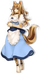 Rule 34 | 1girl, animal ears, animal hands, apron, atelier-moo, breasts, brown eyes, brown hair, cleavage, closed mouth, collar, dog ears, dog girl, dog nose, dog tail, frilled apron, frills, full body, hair between eyes, interlocked fingers, large breasts, long hair, looking at viewer, puffy short sleeves, puffy sleeves, ryza (wizards symphony), short sleeves, skirt, smile, solo, standing, tail, transparent background, waitress, white apron, wizards symphony
