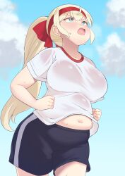 Rule 34 | 1girl, absurdres, belly, bifizu&#039;s gold, blonde hair, blue eyes, blue sky, blush, breasts, character request, clenched hands, cloud, cloudy sky, commentary request, copyright request, cowboy shot, day, gym uniform, hair between eyes, highres, large breasts, long hair, midriff peek, muffin top, navel, open mouth, outdoors, plump, ponytail, shirt, short sleeves, shorts, sidelocks, sky, solo, sweat, tareme, white shirt
