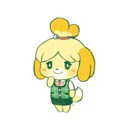 Rule 34 | 1girl, animal crossing, animal ears, ayu (mog), bell, blonde hair, blush stickers, bright pupils, closed mouth, dog ears, dog girl, full body, green sweater, green vest, hair bell, hair ornament, hand up, highres, isabelle (animal crossing), jingle bell, looking at viewer, neck ribbon, nintendo, pencil skirt, red ribbon, ribbon, signature, simple background, skirt, smile, solo, standing, sweater, topknot, vest, white background