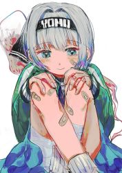 1girl bandaid bandaid_on_face bandaid_on_hand bandaid_on_leg blue_eyes blue_skirt blush bob_cut casual closed_mouth commentary_request green_shirt grey_hair hands_on_own_knees konpaku_youmu konpaku_youmu_(ghost) looking_down rin_(rin7kan7) shirt short_hair sidelocks simple_background sitting skirt smile socks solo touhou white_background white_socks