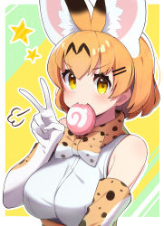 Rule 34 | 1girl, :3, animal ears, bad id, bad pixiv id, bare shoulders, blonde hair, blush, bow, bowtie, commentary request, elbow gloves, extra ears, food, food in mouth, gloves, hair ornament, hairclip, highres, japari bun, kemono friends, outline, print bow, print bowtie, print gloves, print neckwear, serval (kemono friends), serval print, short hair, sleeveless, solo, takom, traditional bowtie, upper body, v, white outline, yellow eyes