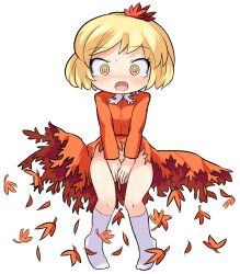 Rule 34 | 1girl, @ @, aki shizuha, blonde hair, blush, breasts, commentary request, covering privates, covering crotch, dress, embarrassed, full body, hair ornament, hospital king, leaf, leaf hair ornament, long sleeves, looking down, maple leaf, no panties, open mouth, orange dress, pigeon-toed, short bangs, short hair, simple background, small breasts, socks, solo, tearing up, tongue, touhou, white background, white socks, yellow eyes