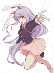 Rule 34 | 1girl, animal ears, black jacket, blazer, buttons, collared shirt, hair between eyes, jacket, light purple hair, long hair, long sleeves, necktie, nupeya, one eye closed, open mouth, pink skirt, pleated skirt, rabbit ears, rabbit tail, red eyes, red necktie, reisen udongein inaba, shirt, simple background, skirt, smile, socks, solo, tail, thighs, touhou, white background, white shirt, white socks