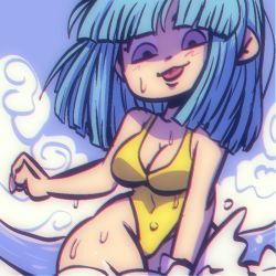 Rule 34 | 1girl, alternate breast size, arms behind back, artist request, bare legs, bare shoulders, blue eyes, blue hair, blue sky, blush, breasts, cleavage, covered navel, curvy, dragon ball, dragonball z, female focus, highleg, highleg swimsuit, long hair, looking at viewer, maron (dragon ball), matching hair/eyes, medium breasts, naughty face, one-piece swimsuit, shiny skin, simple background, sky, sleeveless, smile, solo, standing, swimsuit, thighs, tongue, tongue out, water, wide hips, yellow one-piece swimsuit