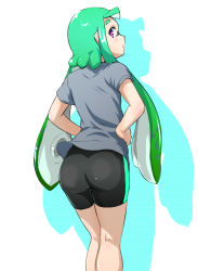 Rule 34 | 1girl, :o, ass, bike shorts, black shorts, blunt bangs, blush, commentary, from behind, green hair, grey shirt, hand on own hip, highres, inkling, inkling girl, inkling player character, kneepits, light blush, long hair, looking at viewer, looking back, mask, nintendo, parted lips, pointy ears, purple eyes, shirt, short sleeves, shorts, silhouette, simple background, single vertical stripe, solo, standing, t-shirt, tentacle hair, toraneko555, white background