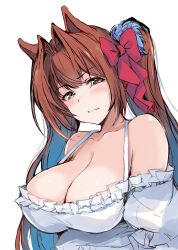 Rule 34 | 1girl, absurdres, animal ears, blush, bow, breasts, brown hair, cleavage, collarbone, daiwa scarlet (umamusume), gengoroh, hair bow, highres, horse ears, horse girl, large breasts, long hair, looking at viewer, red bow, red eyes, simple background, solo, twintails, umamusume, upper body, white background
