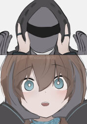 Rule 34 | 1girl, 1other, absurdres, amiya (arknights), animal ears, arknights, ascot, black ascot, blue choker, blue eyes, blush, bright pupils, brown hair, choker, comic, doctor (arknights), female pov, hands on another&#039;s cheeks, hands on another&#039;s face, highres, hood, hood up, jewelry, long hair, long sleeves, mask, multiple rings, open mouth, pov, rabbit ears, ring, sidelocks, twitter username, upper body, wawamachi (wawamachis), wide-eyed
