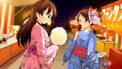 Rule 34 | 2girls, arch, blue eyes, brown hair, candy apple, carrying, cotton candy, cup, drink, festival, food, fox mask, from behind, from side, game cg, go! go! nippon! 2015, go! go! nippon! ~my first trip to japan~, highres, holding, japanese clothes, kimono, long hair, long sleeves, market stall, mask, misaki akira, misaki makoto (go! go! nippon!), multiple girls, night, night sky, non-web source, official art, ponytail, red eyes, short hair, short ponytail, sky, stand, star (sky), star (symbol), summer festival, torii, twintails, yukata
