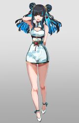 Rule 34 | 1girl, absurdres, bare shoulders, black hair, blue hair, breasts, china dress, chinese clothes, cleavage cutout, clothing cutout, colored inner hair, double bun, dress, eyeliner, fate/grand order, fate (series), full body, grey eyes, hair bun, hair ornament, high heels, highres, long hair, looking at viewer, makeup, medium breasts, multicolored hair, open mouth, shibao aoyama, short dress, sidelocks, smile, solo, tassel, tenochtitlan (fate), twintails, white dress