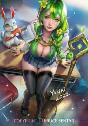 Rule 34 | 1girl, animal, arm support, artist name, black footwear, black thighhighs, blue skirt, breasts, carrot, chair, cleavage, closed mouth, collared shirt, commentary, dated, flower, from above, gem, green eyes, green flower, green hair, green nails, green shirt, hair flower, hair ornament, hair over shoulder, highres, indoors, jacket, large breasts, long hair, long sleeves, looking at viewer, miniskirt, nail polish, office chair, open clothes, open jacket, original, partially unbuttoned, pleated skirt, rabbit, shirt, sitting, skirt, solo, swivel chair, thighhighs, wand, white jacket, yanaidraws, zettai ryouiki