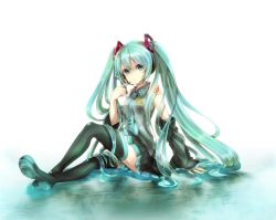 Rule 34 | 1girl, aqua eyes, aqua hair, bad id, bad pixiv id, boots, detached sleeves, finger to face, hatsune miku, headset, long hair, looking at viewer, necktie, sitting, skirt, solo, thigh boots, thighhighs, twintails, very long hair, vocaloid, yokiri