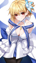 Rule 34 | 1girl, archetype earth, arcueid brunestud, bare shoulders, black gloves, blonde hair, blue skirt, blush, breasts, brown pantyhose, cleavage, detached sleeves, dress, fate/grand order, fate (series), flower, gloves, hair flower, hair ornament, herigaru (fvgyvr000), highres, large breasts, long skirt, looking at viewer, multicolored clothes, multicolored skirt, pantyhose, red eyes, short hair, skirt, smile, solo, thighs, tsukihime, white dress, white skirt