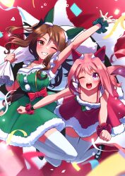 Rule 34 | 2girls, absurdres, animal ears, bow, breasts, brown hair, christmas, collarbone, dress, ear covers, freely2327, fur-trimmed dress, fur trim, green dress, hand up, haru urara (umamusume), highres, holding, holding sack, horse ears, horse girl, horse tail, jumping, king halo (umamusume), multicolored background, multiple girls, official alternate costume, open mouth, pink dress, pink hair, purple eyes, sack, santa costume, smile, tail, teeth, thighhighs, umamusume, white thighhighs