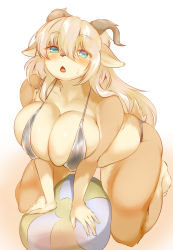 Rule 34 | 1girl, absurdres, animal ears, animal nose, ball, beachball, bikini, black bikini, blonde hair, blush, body fur, borrowed character, breasts, brown fur, commentary request, full body, furry, furry female, goat, goat ears, goat girl, goat horns, goat tail, green eyes, highres, horns, kneeling, large breasts, long hair, open mouth, original, plump, simple background, snout, solo, sweatdrop, swimsuit, wakabaysihitosi