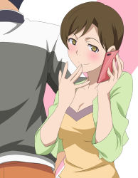 Rule 34 | 1girl, blush, breasts, brown hair, cellphone, cleavage, closed mouth, finger to mouth, highres, kurumada kumiko, looking at viewer, makino tomoyasu, medium breasts, mature female, phone, short hair, simple background, smile, solo focus, standing, tomica hyper rescue drive head: kidou kyuukyuu keisatsu, two-tone background, upper body, yellow eyes