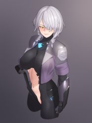 Rule 34 | 1girl, beeeeen, blush, bodysuit, braid, expressionless, grey background, hair over one eye, last origin, looking at viewer, open bodysuit, open clothes, silver hair, simple background, solo, twin braids, wraith (last origin), yellow eyes