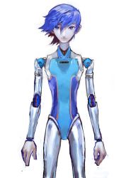 Rule 34 | 1boy, android, bad id, bad twitter id, blue eyes, blue hair, bright pupils, cowboy shot, highres, joints, kaito (vocaloid), looking at viewer, male focus, robot joints, shikuchousen, short hair, simple background, smile, solo, swept bangs, vocaloid, white background