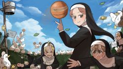 Rule 34 | &gt; &lt;, 5girls, :&lt;, :t, ^ ^, animal tower, arm up, ball, bangs pinned back, basketball, basketball (object), bird, blonde hair, brown eyes, brown hair, bucket, cheek bulge, cheering, chicken, closed eyes, clumsy nun (diva), commentary, corn, diva (hyxpk), duck, duckling, elbow rest, english commentary, fallen down, feathers, flag, foaming at the mouth, froggy nun (diva), glasses, glasses nun (diva), habit, hedge, highres, hungry nun (diva), ladder, leaf, legs up, little nuns (diva), lying, motion blur, multiple girls, nun, on back, open mouth, outdoors, pole, pom pom (cheerleading), red card, red eyes, red hair, rolling eyes, rope, scoreboard, sky, smile, spicy nun (diva), spinning, spitting, spread wings, stacking, sweat, topknot, traditional nun, v, yellow card, yellow eyes